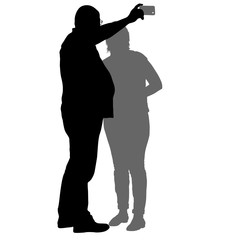 Silhouettes man and woman taking selfie with smartphone on white background
