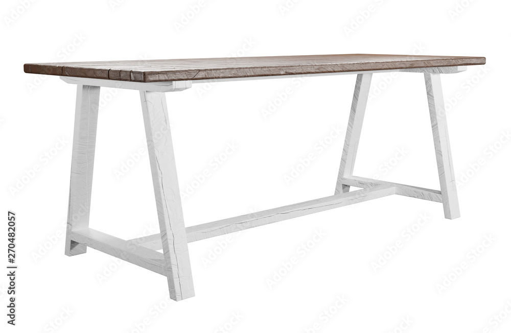Poster Rustic, empty table isolated on white background with clipping path included. Suitable for product display. 3D render image.