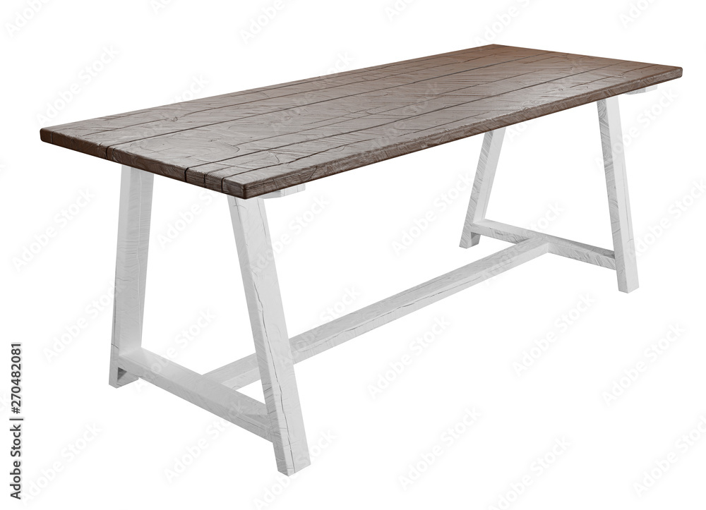 Poster Rustic, empty table isolated on white background with clipping path included. Suitable for product display. 3D render image.