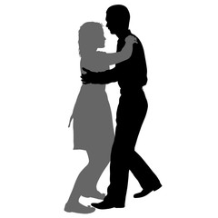 Black silhouettes dancing man and woman on white background
