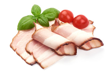 Sliced Smoked bacon, pork brisket, macro, isolated on white background