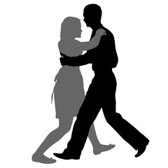 Black silhouettes dancing man and woman on white background