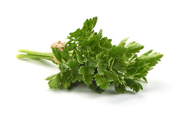 Fresh parsley bunch, macro, isolated on white background