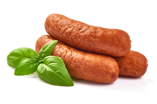 German traditional smoked sausages, dry meat, close-up, isolated on white background
