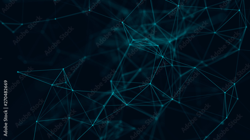 Poster Abstract background with connecting dots and lines. Distribution of triangular shapes in space. Big data. Network connection structure. 3D rendering