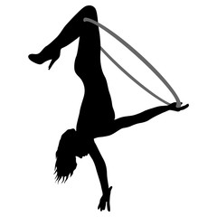 Fototapeta na wymiar Silhouette woman doing some acrobatic elements aerial hoop on a white background