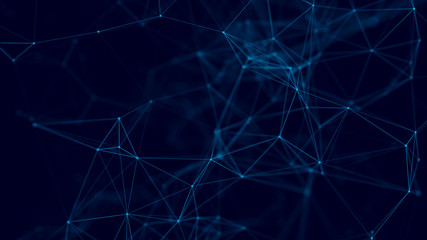 Abstract background with connecting dots and lines. Distribution of triangular shapes in space. Big data. Network connection structure. 3D rendering