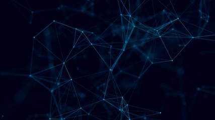 Abstract background with connecting dots and lines. Distribution of triangular shapes in space. Big data. Network connection structure. 3D rendering