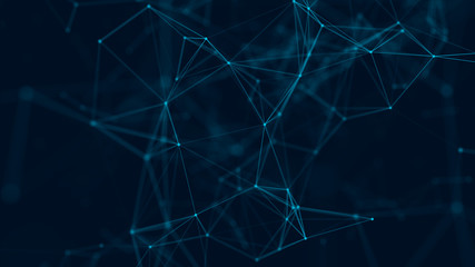 Abstract background with connecting dots and lines. Distribution of triangular shapes in space. Big data. Network connection structure. 3D rendering