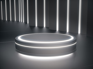 Pedestal for display,Platform for design,Blank product stand with light glow,Future background.3D rendering.