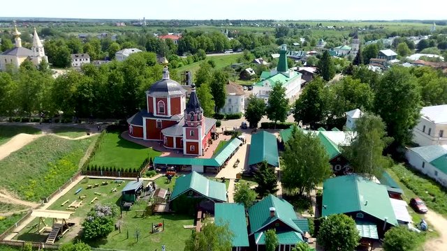 Aerial view of old russian architecture with Cathedral of Nativity, oldest part of medieval Russian town Suzdal