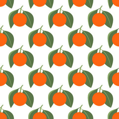 seamless pattern with tangerines and leaves on white background