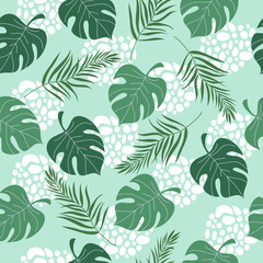 Hand drawn seamless pattern with tropical leaves on blue background. Vector flat illustration