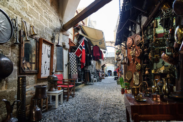 Typical street of the old town Rhodes. - obrazy, fototapety, plakaty