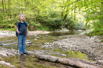 Boy traveler crosses the creek on a log