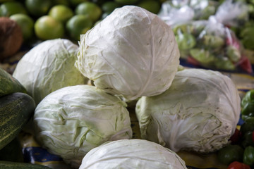 Fototapeta na wymiar Cabbages on stall Market in Martinique island French Antilles