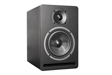 Obraz premium Black box acoustic system with speaker isolated on whitee.