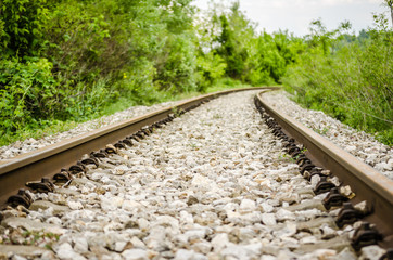 Naklejka premium Close-up of train tracks with the forest