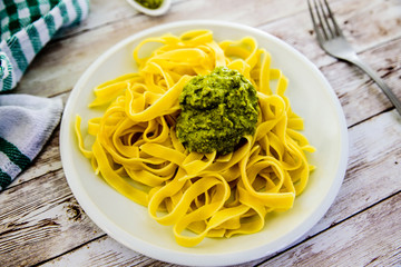 Pasta with fresh homemade pesto sauce