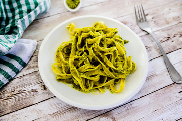 Pasta with fresh homemade pesto sauce