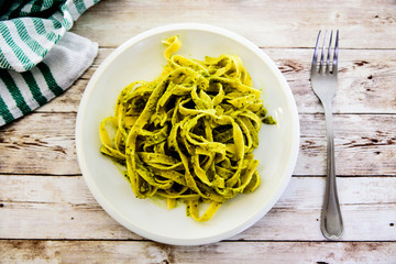 Pasta with fresh homemade pesto sauce