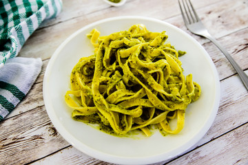 Pasta with fresh homemade pesto sauce