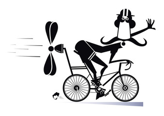 Cartoon man rides a bike isolated illustration. Smiling long mustache man in helmet on the bike tries to ride faster using a propeller black on white