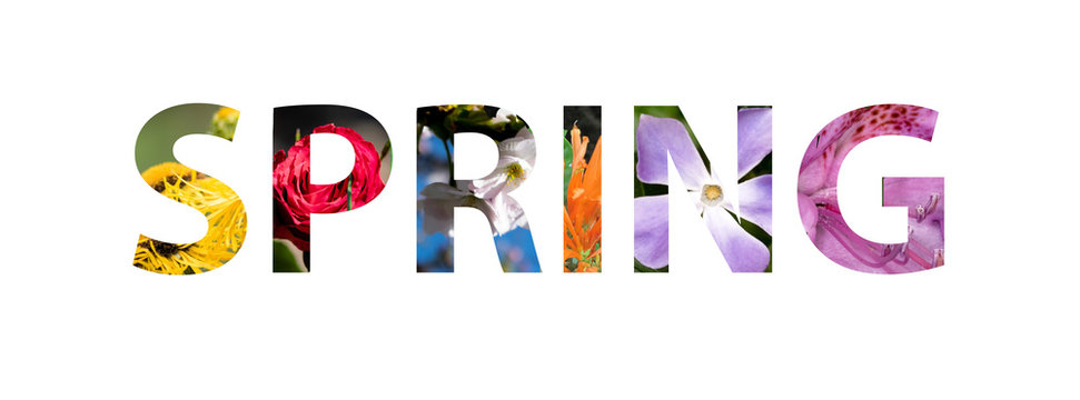 Word SPRING with colorful nature images inside the letters