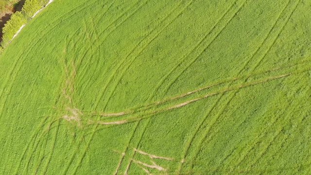 Drone Aerial Azores Portugal European farm land green tractor tracks tilt up to fields and mountains
