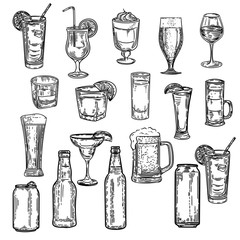 Vector hand drawn of big set with alcohol drinks.	