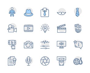 International Film Day Set Line Vector Icons. Contains such Icons as Clapperboard, Camera, Video, Play, Film, Lens, Microphone, Media settings and more. Editable Stroke. 32x32 Pixel Perfect