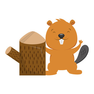 Beaver And Tree Stump On White Background