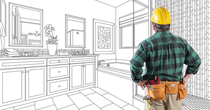 4k Looping Cinemagraph of Contractor in Hard Hat Facing Drawing of Bathroom Design Transitioning to Photo