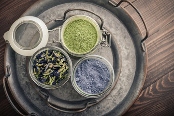Green and blue matcha tea powder