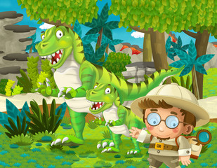 cartoon scene with dinosaur and some professor in the jungle - illustration for children