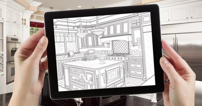 4k Looping Cinemagraph of Computer Tablet With Kitchen Design Drawing Transitioning to Photo