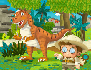 cartoon scene with dinosaur and some professor in the jungle - illustration for children