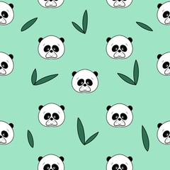 Hand drawn seamless pattern with panda and bamboo leaves. Repetitive wallpaper on green background. Perfect for textile, t shirt print, notebook, wrapping paper or nursery decor.