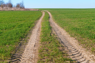 Fototapeta na wymiar Dry soil in the field. The trace of the tractor.