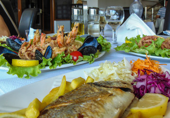 Lunch with seafood dishes