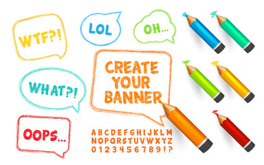 Speech bubbles, pencils and doodles font. Set of scribble banners, crayons and alphabet with numbers for create vector template. Hand drawn sketch