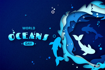 World Oceans Day, paper art. Global celebrate dedicated to protect and conserve purity of water, problem of plastic pollution of nature, ecosystem, ecology of planet. Origami of sea waves, fishes