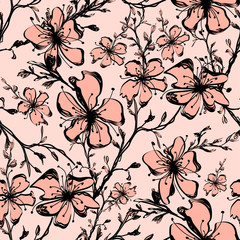 sakura drawn on a pink background © dnapslvsk