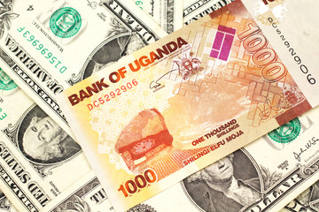 A close up image of a colorful Ugandan shilling bank note with American one dollar bills in macro