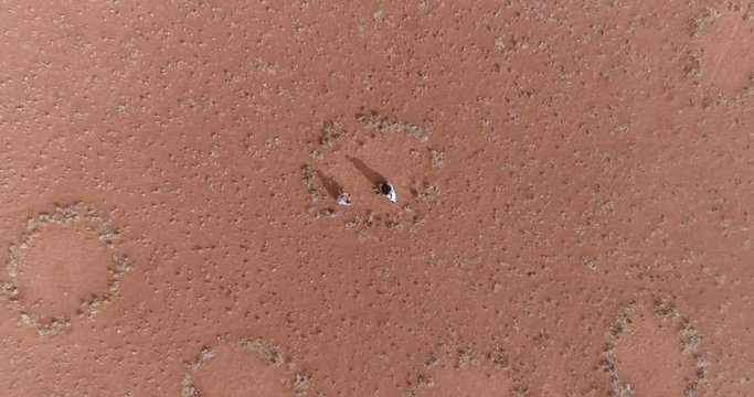 Aerial view of a tourists and guide exploring the famous fairy circles in the NamibRand Nature Reserve
