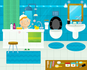 cartoon scene with boy in the bathroom illustration for children