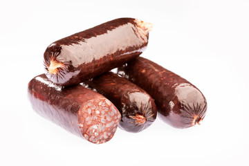 Delicious blood sausages isolated on a white background. Text space