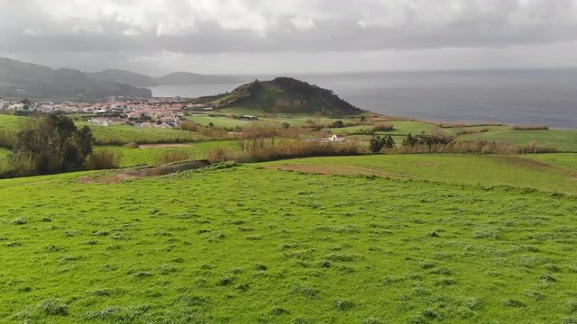 Aerial Drone Azores Portugal landscape with ocean green hillsides