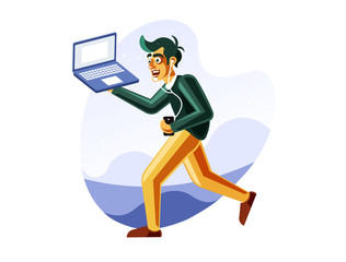 Man running while carrying the laptop