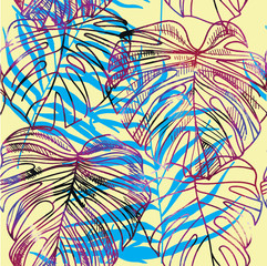 Seamless pattern with leaves of tropical plants . Vector freehand drawing . Background with palm leaf 